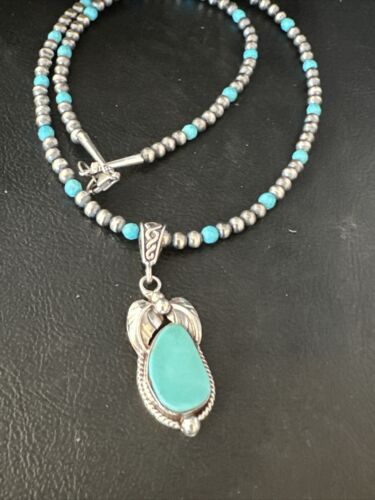 Navajo Pearls Kingman Turquoise Pendant Necklace | Sterling Silver | Authentic Native American Handmade | 14894