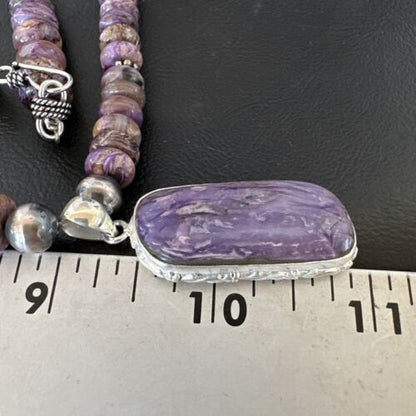 Navajo Purple Charoite Pendant with Pearls | Sterling Silver Necklace | Authentic Native American Handmade | 16338