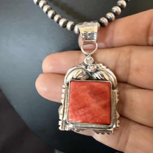 Navajo Red Spiny Oyster Pendant Necklace | Sterling Silver | Authentic Native American Handmade | 16148