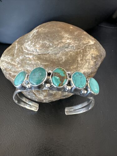 Women's Blue Turquoise 5-Stone Cuff Bracelet | Navajo Sterling Silver | Authentic Native American Jewelry | 16280