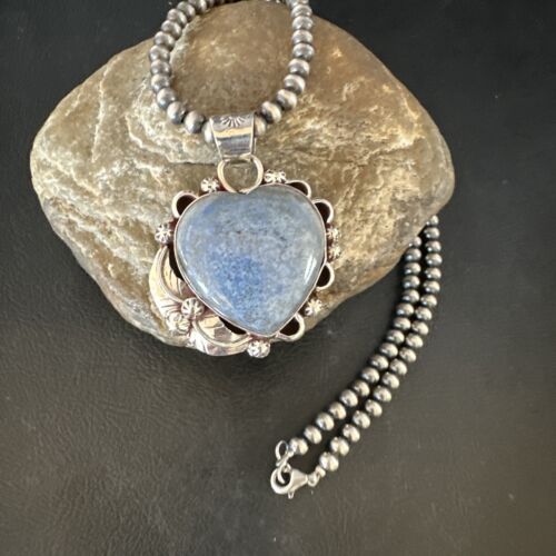 Men's Blue Heart Denim Lapis Pendant Necklace | Navajo Pearls | Sterling Silver | 15524