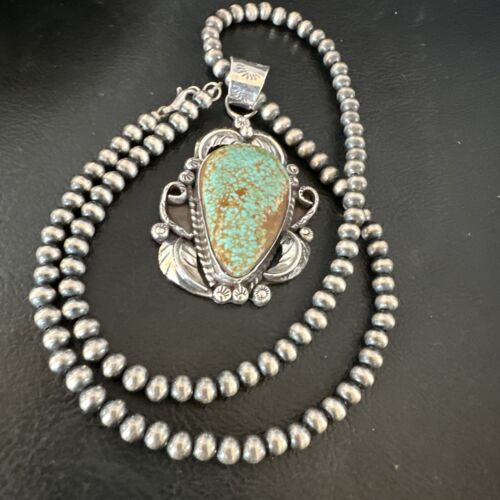 Navajo Blue Turquoise #8 Pendant | Sterling Silver Necklace with Pearls | Authentic Native American Handmade | 15901