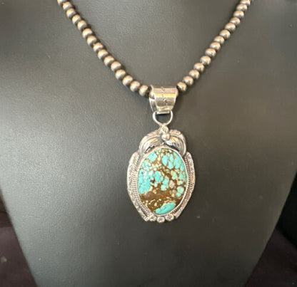 Navajo Pearls Sterling Silver Necklace with Blue Turquoise #8 Pendant | Authentic Native American Handmade | 14859