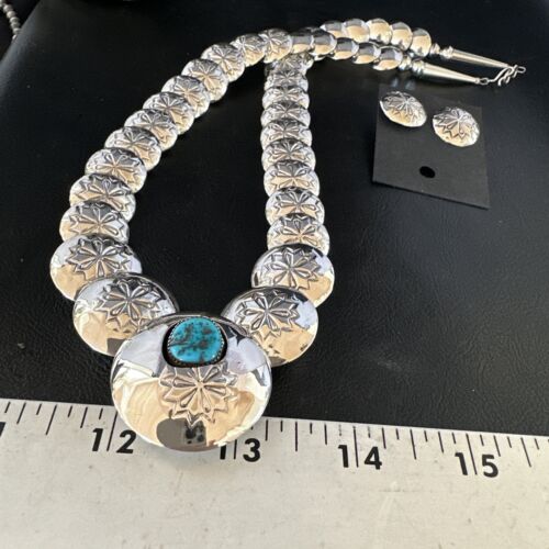 Navajo Sterling Silver Turquoise Pillow Stamped Bead Necklace Set | Authentic Native American Handmade | 15132