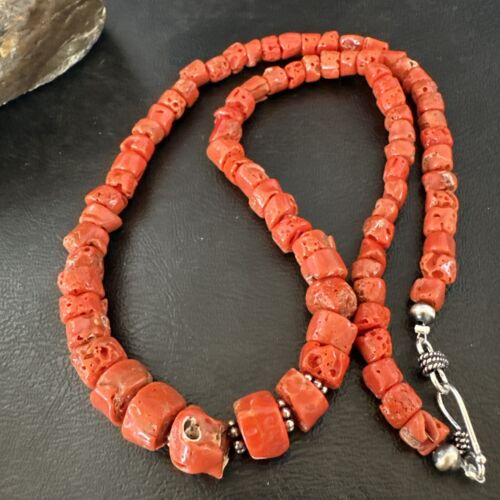 Navajo Graduated Red Coral Bead Necklace | Sterling Silver | 20" | Authentic Native American Handmade | 17375