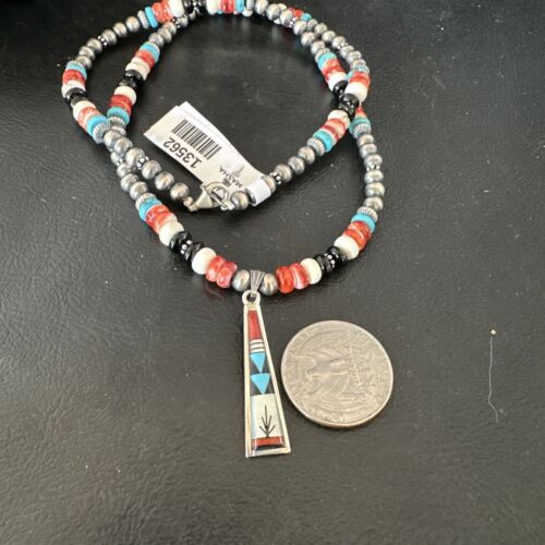 Navajo Turquoise Spiny Oyster Inlay Pendant Necklace | Sterling Silver | Authentic Native American Handmade | 13562