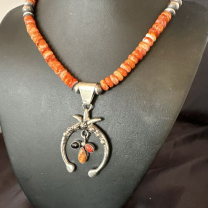 Navajo Red Spiny Oyster Naja Pendant Necklace | Sterling Silver | 23" | Authentic Native American Handmade | 17660