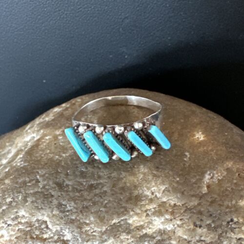 Zuni Blue Turquoise Needle Point Ring | Authentic Native American Sterling Silver | Multi-Stone | Sz 7.5 | 15399