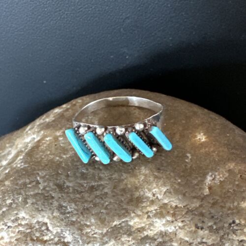 Zuni Blue Turquoise Needle Point Ring | Authentic Native American Sterling Silver | Multi-Stone | Sz 6 | 15402