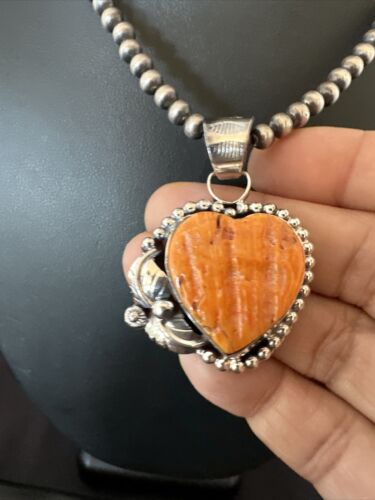 Navajo Orange Spiny Oyster Heart Pendant Necklace | Sterling Silver | Authentic Native American Handmade | 16416