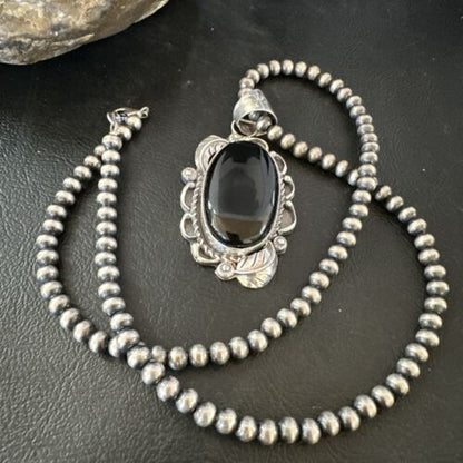 Navajo Pearls Black Onyx Necklace Pendant | Sterling Silver | Authentic Native American Handmade | 16531