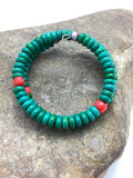 Native American Sterling Silver Bracelet | Coral & Green Turquoise | Handmade Southwestern Jewelry | 1075