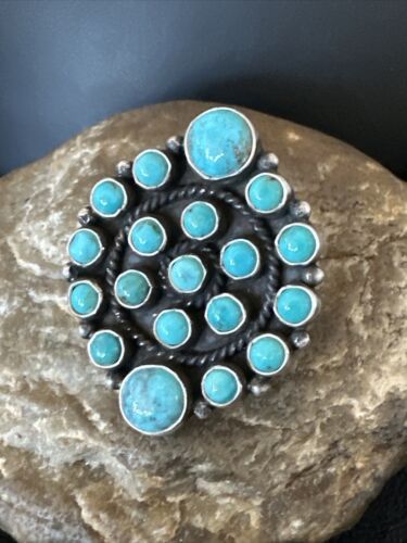 Navajo Blue Turquoise Cluster Ring | Authentic Native American Sterling Silver | Multi-Stone | Adjustable | Sz 7 | 16325