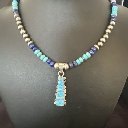 Navajo Opal Inlay Pendant Turquoise & Lapis | Sterling Silver Necklace | Native American Handmade | 16847