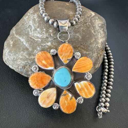 Navajo Blue Turquoise | Spiny Oyster Pendant Necklace | Sterling Silver | Multi-Stone | 16862