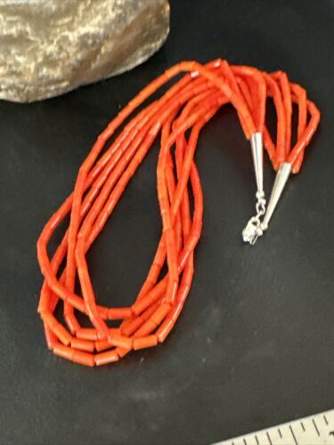 Orange Coral Tube Heishi Bead Necklace | 5 Strand Navajo Sterling Silver | 18" | 15280