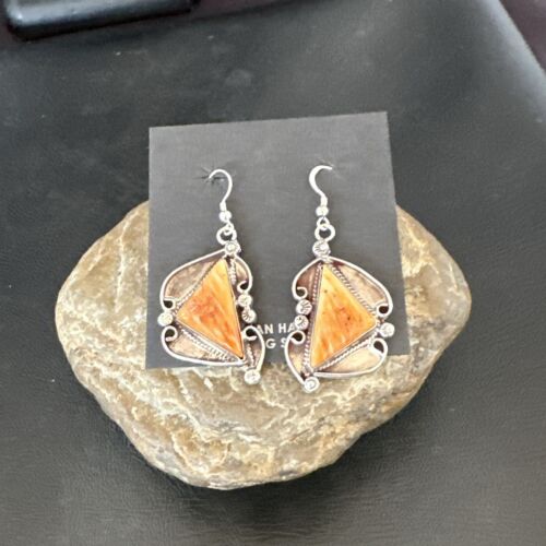 Navajo Orange Spiny Oyster Dangle Earrings | Sterling Silver | Authentic Native American Handmade | 17271