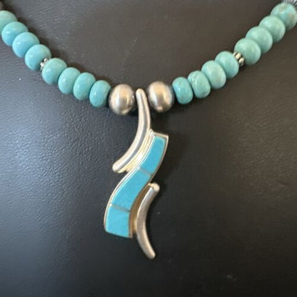 Navajo Blue Kingman Turquoise Inlay Pendant Necklace | Sterling Silver | 21" | Authentic Native American Handmade | 16931