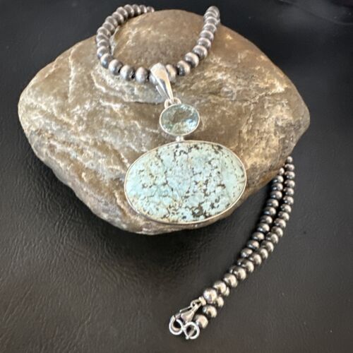 Navajo Dry Creek Turquoise Topaz Pendant Necklace | Sterling Silver | Authentic Native American Handmade | 16316