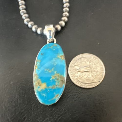 Navajo Blue Kingman Turquoise Pendant Necklace | Sterling Silver Pearls | 20" | 16685