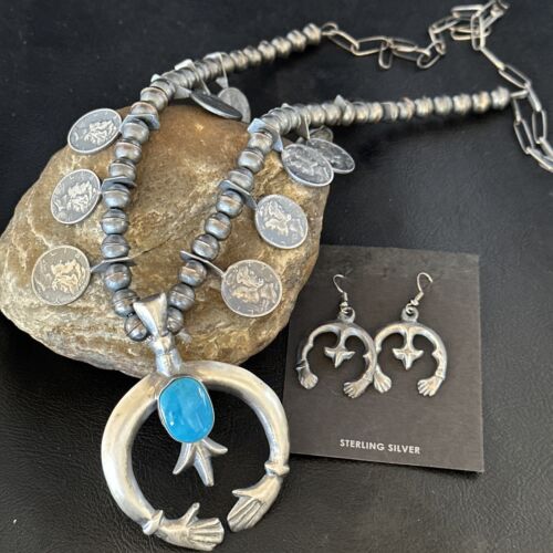 Navajo Kingman Turquoise Naja Pendant Necklace | Sterling Silver | Authentic Native American Handmade | 15158