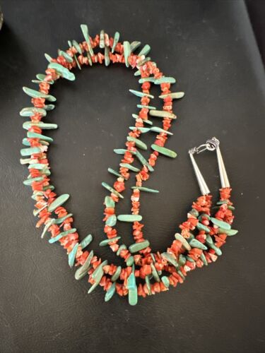 Navajo Green Turquoise Coral Stick Bead Necklace | Sterling Silver | 22" | Authentic Native American Handmade | 17255