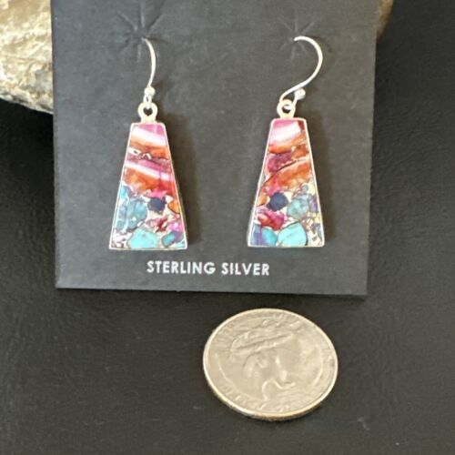 Navajo Blue Turquoise Red Spiny Oyster Inlay Dangle Earrings | Sterling Silver | Authentic Native American Handmade | 15577