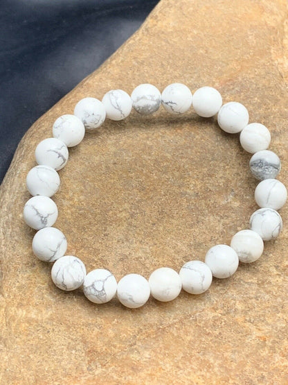 White Howlite Bead Mala Bracelet | 8mm | Stretchable | Authentic Native American Handmade | 4603