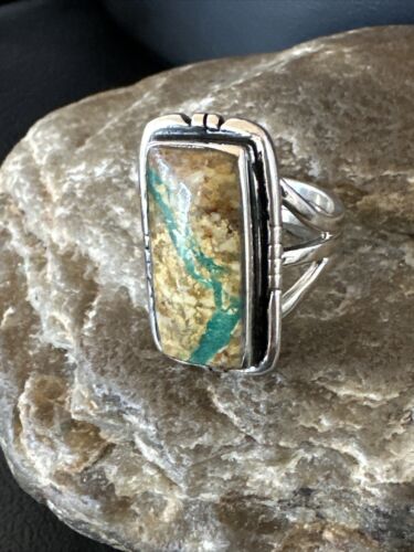 Navajo Ribbon Boulder Green Turquoise Ring | Sterling Silver | Sz 8 | Authentic Native American Handmade | 16385
