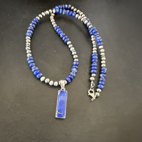 Navajo Blue Lapis Pendant with Pearls | Sterling Silver Necklace | Authentic Native American Handmade | 16934