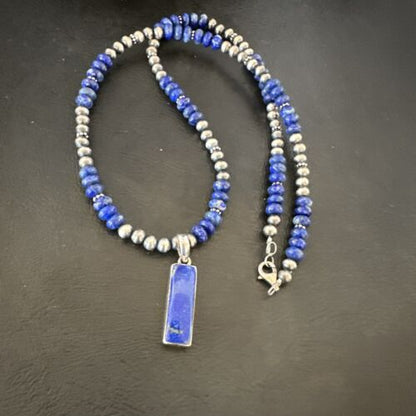Navajo Blue Lapis Pendant with Pearls | Sterling Silver Necklace | Authentic Native American Handmade | 16934
