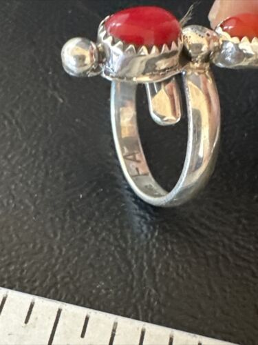 Navajo Red Coral and Multi-Stone Adjustable Ring | Authentic Native American Sterling Silver | Sz 6.5 | 15335