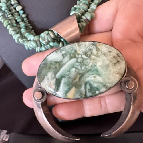 Navajo Green Turquoise Chrysoprase Naja Pendant Necklace | Sterling Silver | Authentic Native American Handmade | 16064