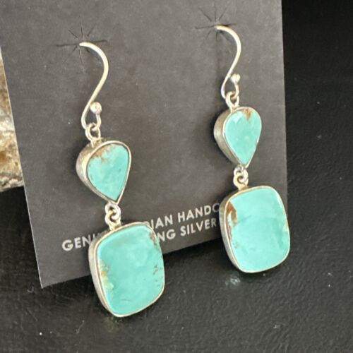 Navajo Blue Kingman Turquoise Dangle Earrings | Sterling Silver | Authentic Native American Handmade | 15116