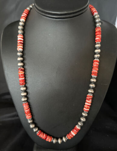 Navajo Pearls Red Spiny Oyster Necklace | 8mm Sterling Silver | Authentic Native American Handmade | 22" | 14850