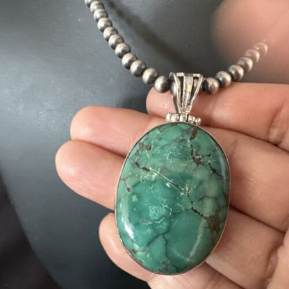 Navajo Blue Spiderweb Turquoise Pendant | Sterling Silver Pearls Necklace | Authentic Native American Handmade | 15570