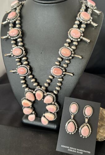 Navajo Pink Conch Squash Blossom Necklace with Naja Pendant | Authentic Native American Handmade | 17441