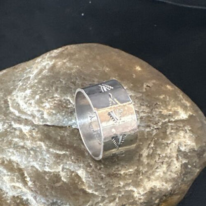 Men's Wide Band Navajo Stamped Ring | Sterling Silver | Sz 12 | Authentic Native American Handmade | 14980