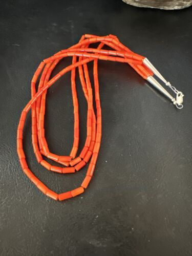 Navajo Orange Coral Tube Heishi Bead Necklace | Sterling Silver | 18" | Authentic Native American Handmade | 15281