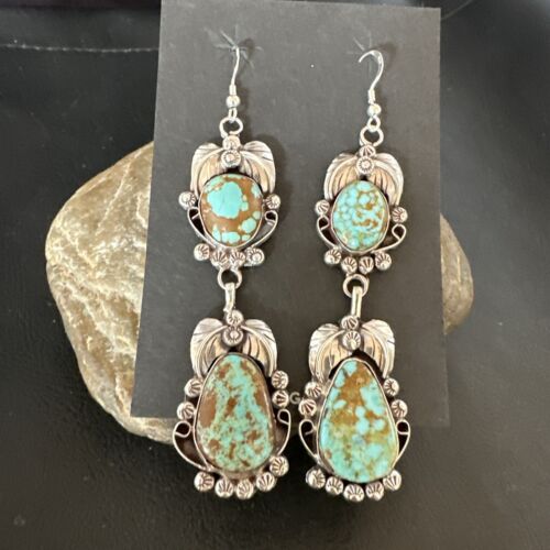 Navajo Blue Turquoise #8 Dangle Earrings | Sterling Silver | Authentic Native American Handmade | 16908