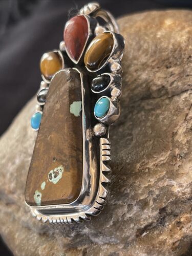 Navajo Sterling Silver Pendant | Turquoise #8, Onyx, Tigers Eye | Authentic Native American Handmade | 16835