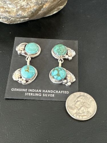 Navajo Blue Green Turquoise Dangle Earrings | Sterling Silver | 1.5" | Authentic Native American Handmade | 17389