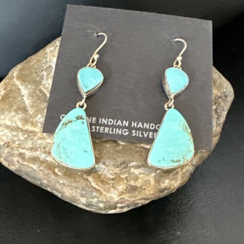 Navajo Blue Kingman Turquoise Dangle Earrings | Sterling Silver | Authentic Native American Handmade | 15102