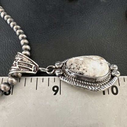 Navajo White Buffalo Turquoise Pendant Necklace | Sterling Silver | Authentic Native American Handmade | 17512 - Masha USA