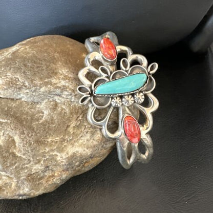 Navajo Kingman Turquoise Spiny Cuff Bracelet | Sterling Silver Tufa Cast | Authentic Native American Handmade | 16775