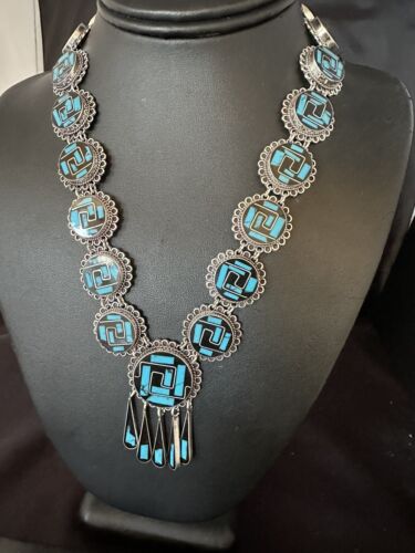 Navajo Sterling Silver Turquoise Onyx Choker Necklace | Inlay Pendant | 18" | 15535