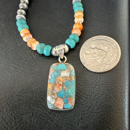 Navajo Spiny Turquoise Pendant Necklace | Sterling Silver | 21" | Authentic Native American Handmade | 17515