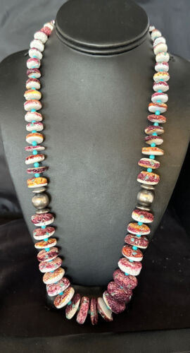 Purple Spiny Oyster & Turquoise Necklace | Navajo Sterling Silver | Authentic Native American | 25" | 15023