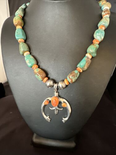 Men's Green Turquoise Spiny Oyster Naja Pendant Necklace | Navajo Sterling Silver | 22" | Authentic Native American Handmade | 15225