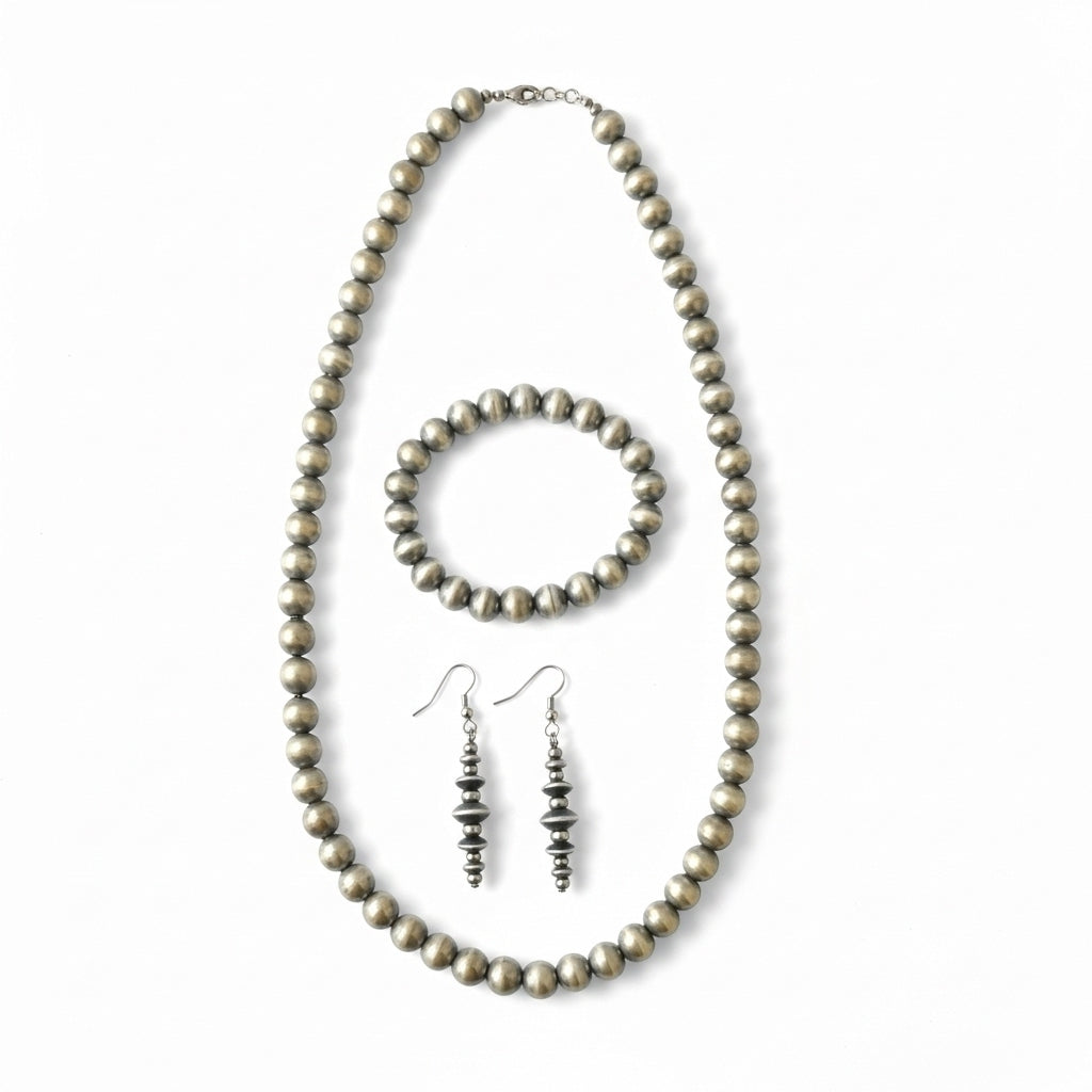 3-Piece Sterling Silver Navajo Pearl Set | 6mm Necklace, 10-14mm Bracelet & 1.5" Dangle Earrings | Authentic Native American Handmade